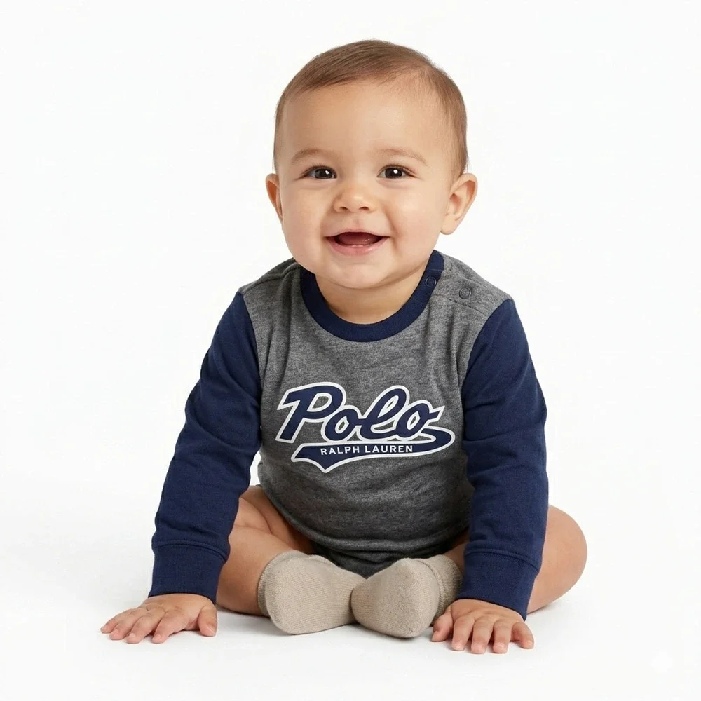 Polo Ralph Lauren Baby Boy Shirt 9M Long Sleeve Gray Blue Script Logo NWT